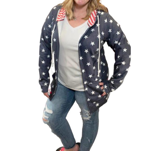 NEW MICHELLE MAE stars and stripes zip up hoodie in blue - Picture 2 of 5